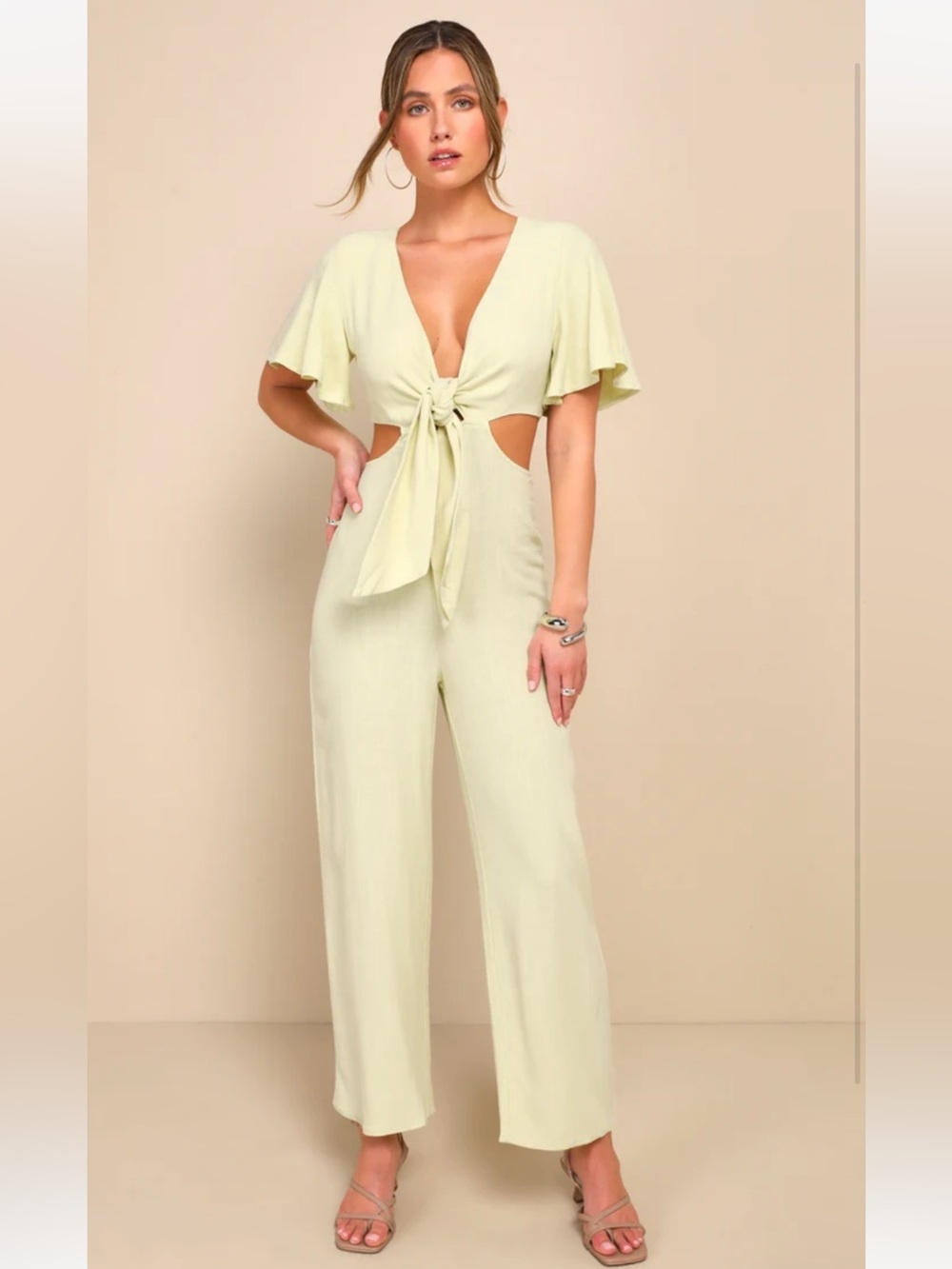 Lulu's Light Green Tie-Front Cutout Jumpsuit